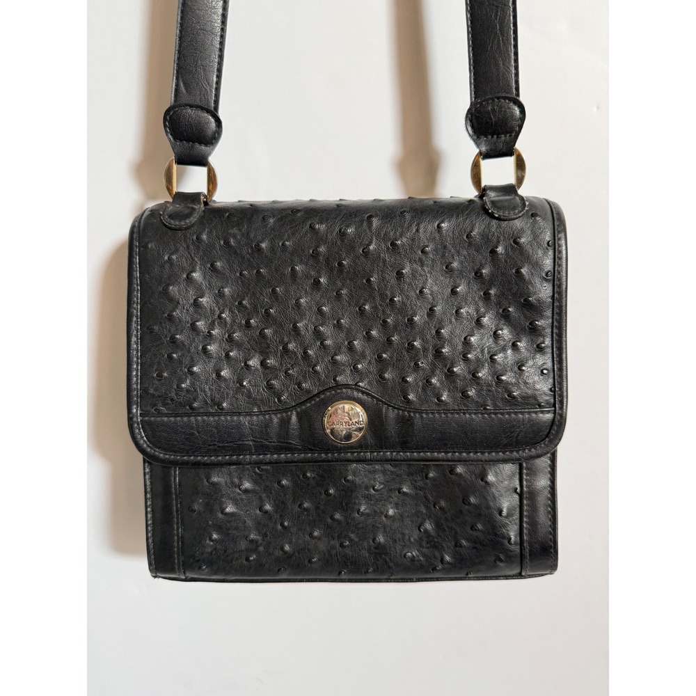 Vintage Carryland Black Ostrich Embossed Faux Leather Crossbody Bag